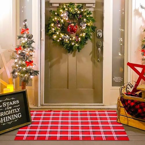 Christmas Red Green White Plaid Rug, 28" x 43" Cotton Hand-Woven Buffalo Check Layered Door Mat for Front Porch, Entryway, Outdoor Holiday Decor, Washable Farmhouse Rug for Home, Patio, Kitchen