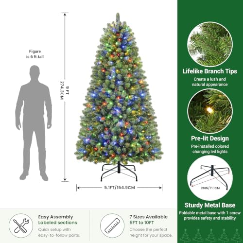 9FT Artificial Prelit Classic Christmas Tree with Remote Control,Timer
