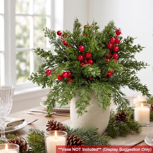 30Pcs Christmas Artificial Pine Branches with Red Berry Stems