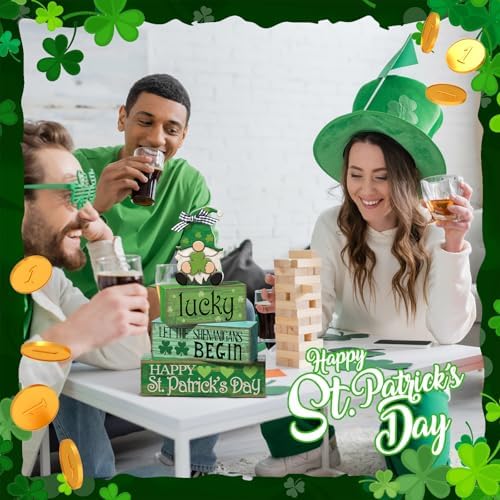 Moucuny 4 Pcs St. Patrick's Day Wood Signs Gnome Tiered Tray Table Decor