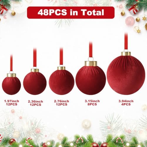 ZenNex 48 Pcs Velvet Christmas Balls Bulk, Flocked Xmas Tree Ornaments, Red