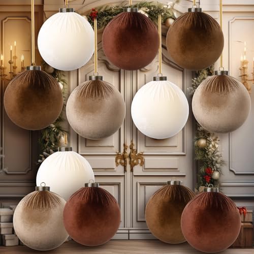 Liliful 12 Pcs Extra Large Velvet Christmas Balls Velvet Ornaments for Christmas Tree Flocked Shatterproof Xmas Tree Balls Bulk for Holiday Party Xmas Trees Hanging Decorations(6 Inch,Brown)