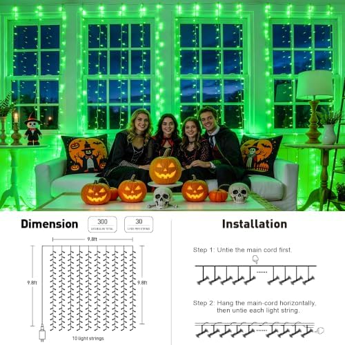 JMEXSUSS 300 LED Green Curtain Lights for Halloween Decor, 9.8x9.8ft
