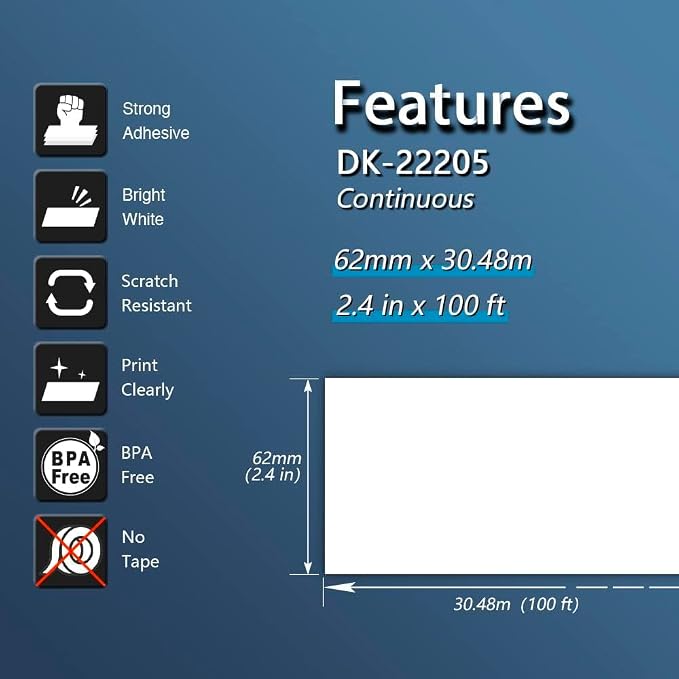 BETCKEY - Compatible Continuous Labels Replacement for Brother DK-2205 (2.4 in x 100 ft), Use with Brother QL Label Printers [6 Rolls + 1 Reusable Cartridge]