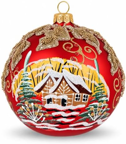 Polish Hand Blown Glass Christmas Ornaments Ball, Mistletoe Leaves Red 5 in