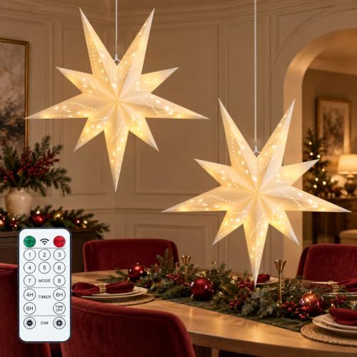 2 Pack Paper Star Lantern, Diwali Hanging Christmas Decorations Lights