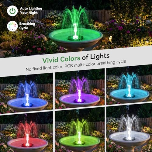 Antfraer 8W Solar Fountain Pump Built-in 3600mAh Battery & LED Lights, Solar Powered Water Pump with Double-Layer Nozzle & 5ft Tubing, Solar Water Fountain For Bird Bath Pond Garden DIY Water Features