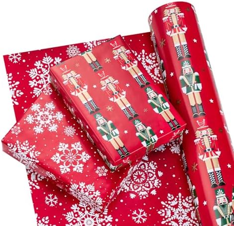 WRAPAHOLIC 30 Inch Jumbo Reversible Nutcracker Christmas Wrapping Paper - 30 Inch x 100 Feet Jumbo Roll Red Nutcracker and Snowflake Wrapping Paper for Christmas, Holiday, Party
