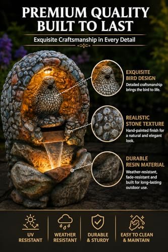 EROMMY Water Fountain for Outdoor with LED Lights, 31.9" Tall Bird Nest Waterfall Fountain, Resin Garden Fountain with 25W Pump, Freestanding Water Feature for Patio, Backyard, Porch & Lawn