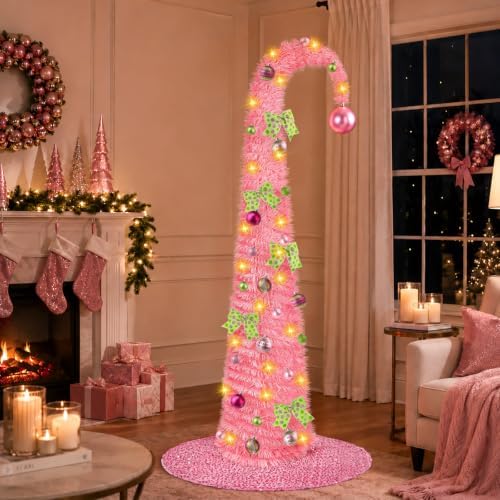 6FT Whimsical Pop-Up Christmas Tree with Lights 30” Tree Skirt, Pink
