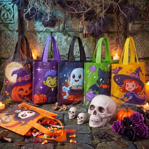 Sweetude 120 Pcs Halloween Tote Bags Bulk Trick Treat Bag with Handles Reusable Non Woven Halloween Treats Party Gift Favors Bags for Kids