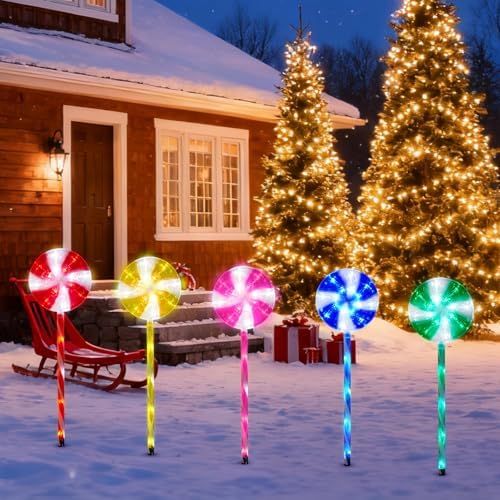 BRIGHTDECK 5 Pack Solar Christmas Pathway Lights, Multi Lollipop Stakes
