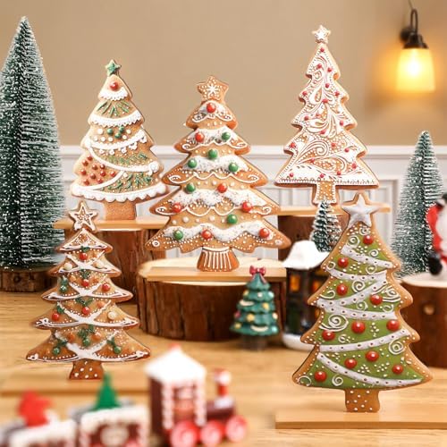 RattanView 5 Pcs Gingerbread Christmas Table Decorations Wooden Gingerbread Tree Decor Christmas Centerpiece Ginger Bread Village Decoration Winter Tiered Tray Decor with Base for Xmas Home Kitchen