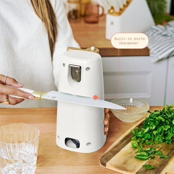 New B'eautiful Easy-Prep Electric Can Opener with 70-watt motor effectively, Auto-turn & One-Touch Operation Built-in knife sharpener and bottle opener by D'rew Barry'more (White Icing)