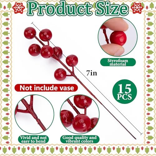 60 Pcs Christmas Norfolk Pine Branches Red Berry Stems Faux Christmas Sprig