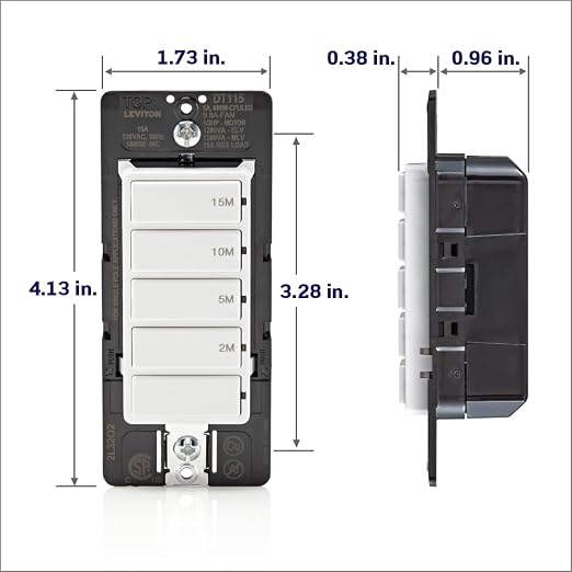 Leviton Countdown Timer Switch for bathroom fan and household lights, 2-5-10-15 min, No Neutral Required, Single Pole, 15A, 1/2 HP/9.8A Fan/Motor, DT115-1LW, White