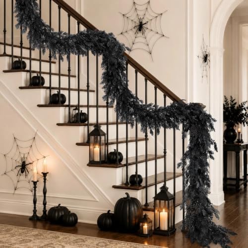 Halloween Garland 8.9FT Decorations Black Real Touch Cedar Cypress Pine Plant Artificial Halloween Garland for Mantle, Fireplace, Table, Stairs, Door, Porch, Indoor Outdoor Decorations, Black