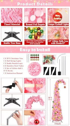 Whimsical Christmas Tree with Ball String Lights, 5FT Pink Pop Up Tree
