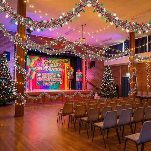 50 Feet Green Red Christmas Metallic Tinsel Twist Hanging Garland with Snowflake Xmas Tree for Home Mantle Xmas Tree Staircase Railing New Year Holiday Party Indoor Outdoor Decorations