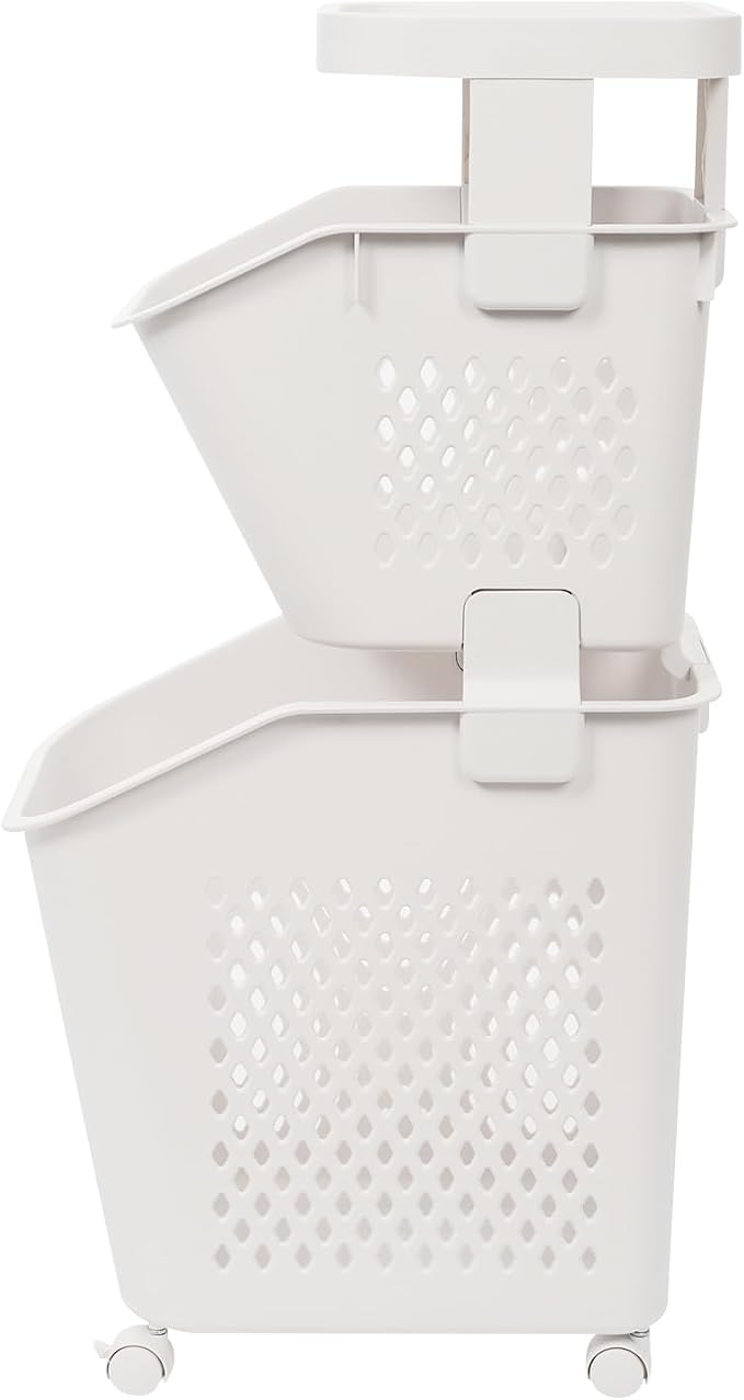 Rolling Slim Laundry Basket on Wheels, Plastic Laundry Sorter Hamper with Removable Basket for Bedroom Toilet Bathroom Kitchen, Space Saving (2-Tier)