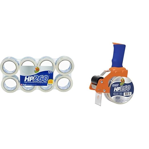 Duck HP260 Clear Packing Tape Refill, 1.88 Inch x 60 Yard, 8 Rolls and Duck Brand BladeSafe Tape Gun Dispenser with 1 Roll of HP260 Tape