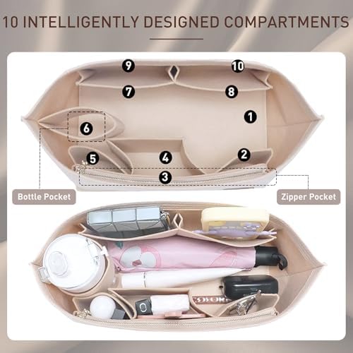 Doxo Purse Organizer Insert for Handbags & Base Shaper 2pc Set, Felt Neverfull PM Organizer Insert, Tote Bag Organizer with Zipper Pocket and Bottle Holder, Fit Neverfull PM and More, Beige-M