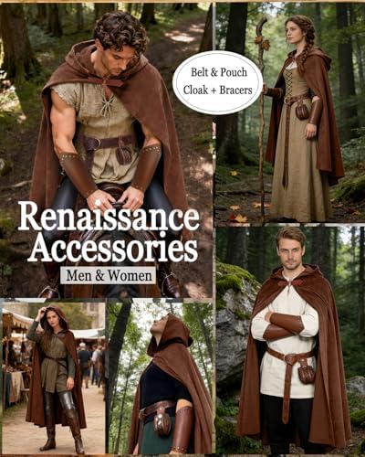 kasahara Renaissance Hooded Cloak Medieval Costume Accessories for Men Women Halloween Costume Cape Belt Pouch Bracers