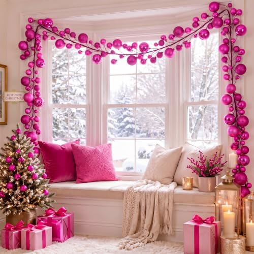 2 Pcs 6 ft Christmas Ball Ornament Garland, Hot Pink