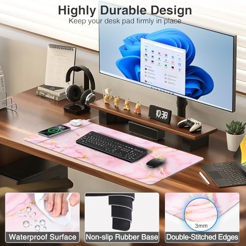 Pink Marble Mouse Pad with 15W Wireless Charging, 31.5"x15.8" in