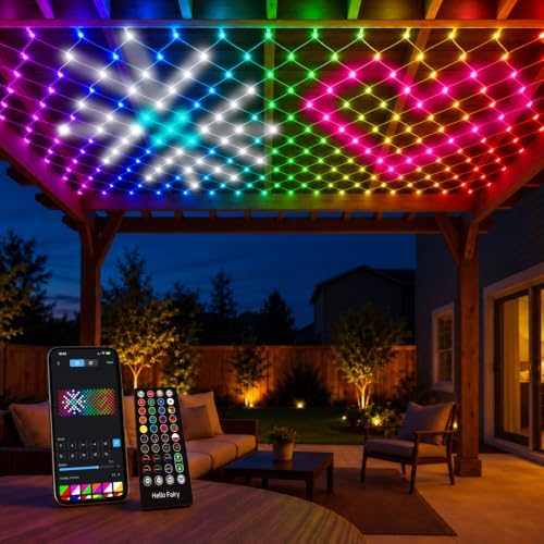 Christmas Net Lights Outdoor 10 x 10 ft, DIY 225 RGB LEDs, App & Remote Control, Music Sync Timer for Patio, Pergolas, Wedding Christmas Trees, Bushes, Garden, Outdoor Decoration