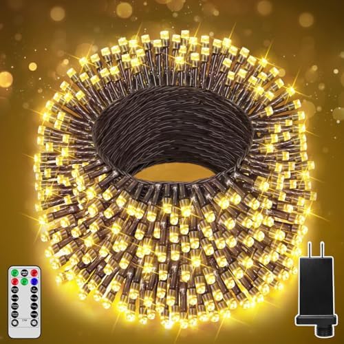 Christmas Lights Outdoor, Christmas Tree Lights Plug in, 8 Modes Twinkle String Light for Bedroom Wedding Party Ceiling Xmas Home Decorations 600 LED(Warm White 196 FT)