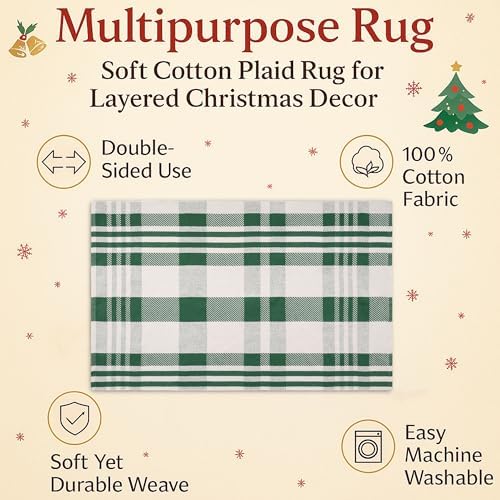 Christmas Green & White Check Rug - 4' x 6' Outdoor Front Door Decor Mat Cotton Washable Hand-Woven Rug Christmas New Year Holiday Porch Entryway Layered Doormat