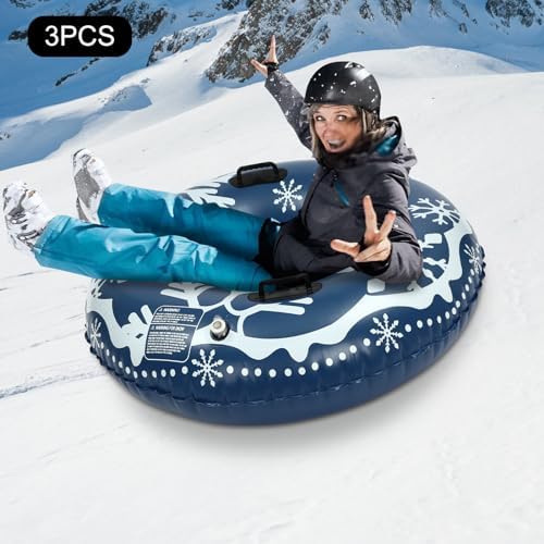 3Pcs PVC Ski Circle, Snow Sleds, 40 Inch Inflatable Snow Sled, Outdoor Sledding Snow Tube Sports, Thickened Heavy-Duty Hard Bottom Sleds with Non-Slip Handles, Winter Sports, for Kids and Adult