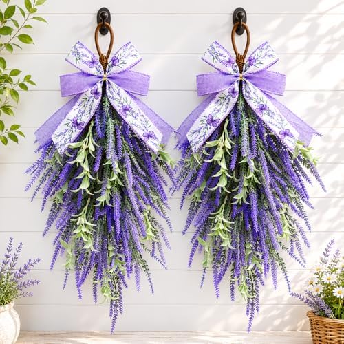 nuvagiki Lavender Teardrop Swag, 2 Pack 24 Inch Front Door Swag Wreaths, Spring Summer Rustic Farmhouse Door Decor, Purple Floral Hanging Swag for Porch