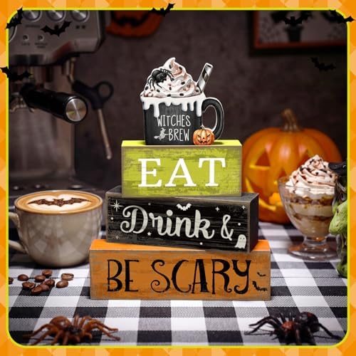 Lineshading 4 Pcs Halloween Wooden Block Signs, Eat Drink Be Scary Decor