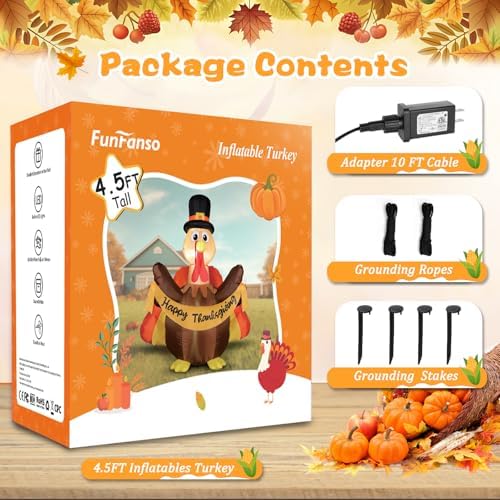 FunFanso Thanksgiving Inflatables Turkey Outdoor Decorations with Built-in LED Lights, 4.5 FT Tall Blow Up Turkey with Pilgrim Hat and Colorful Tail for Lawn Yard Garden Party House Holiday Decor