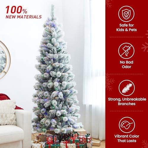 Glitzhome 7.5ft Prelit Christmas Tree, Flocked Artificial Christmas Tree, Pencil Christmas Tree Portland Snowy Pine with 300 Warm White/Multi-Color Lights, 9 Functional, Remote Controller