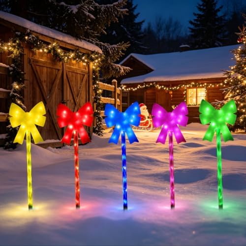 Outdoor Christmas Decorations Solar Pathway Lights, Set of 5 Colorful Bow Candy Stake Lights, Waterproof Solar Christmas Lights for Holiday Display Yard Garden Lawn Winter Party Xmas Decor