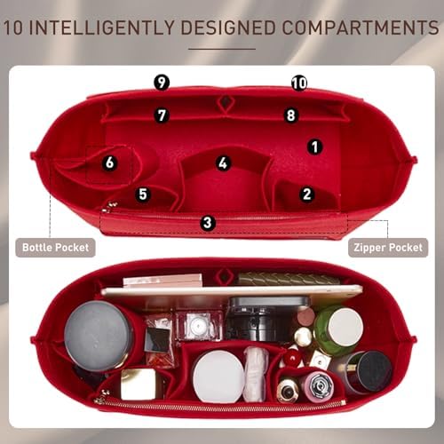 Doxo Purse Organizer Insert for Handbags & Base Shaper 2pc Set, Felt Neverfull MM Organizer Insert, Tote Bag Organizer with Zipper Pocket and Bottle Holder, Fit Speedy 30 Neverfull MM and More,Red-L