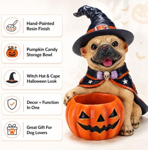 Halloween French Bulldog Candy Bowl, Witch Dog Statue Pumpkin Holder
