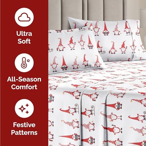 Christmas Sheet Set, Holiday Gnomes Red, Holiday Xmas Bedding Set - Twin XL