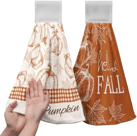 Hello Fall Pumpkin Kitchen Hanging Towels Set of 2 Autumn Maple Leaves Orange Hand Towel with Hanging Loop Seasonal Thanksgiving Fingertip Bath Towels Soft Absorbent Dish Tie Towel