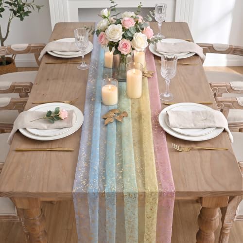 Artoid Mode 2-Pack Gold Gauze Table Runner 120 Inch 10FT, Rainbow Glitter Metallic Foil Sheer Dining Wedding Anniversary Holiday Birthday Table Decor for Home Party
