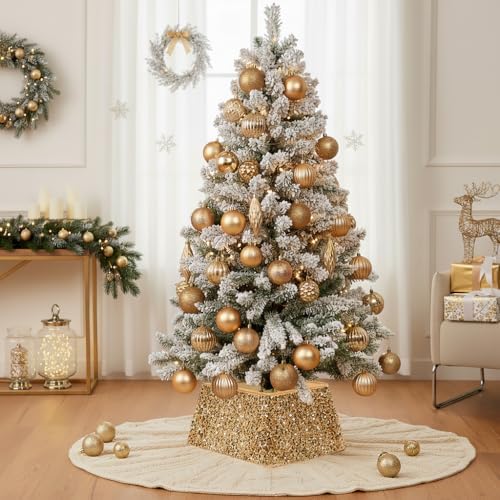 XmasExp Christmas Tree Collar, 24 inch Sequin Tree Skirt Stand Base Cover for Home Decor, Medium Size 4 Piece, Champagne Gold