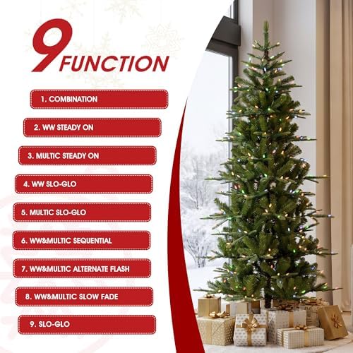 Glitzhome 6.5ft Prelit Christmas Tree, Cascade Evergreen Slim Fir Artificial Christmas Tree with 250 Strawberry Lights,734 PE&PVC Branch Tips, 9 Functional Warm White/Multi-Color, Remote Controller