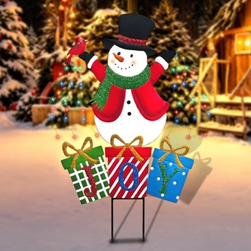 BRIGHTDECK Christmas Metal Stake Lights Outdoor Decorations, Joy Snowman