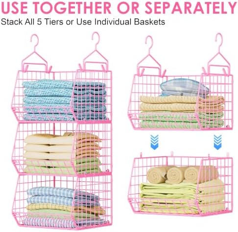 5 Tier Closet Hanging Organizer, Clothes Hanging Shelves with 4 Hanging Hooks 5 S Hooks, Wire Storage Basket Bins, for Clothing Sweaters Shoes Handbags Clutches Accessories Patent Design-Pink
