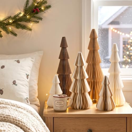 SUNBEAUTY Paper Christmas Trees,Neutral Christmas Honeycomb Tree Centerpiece，3D Modern Table Decoration for Xmas Holiday Party,New Year（Brown