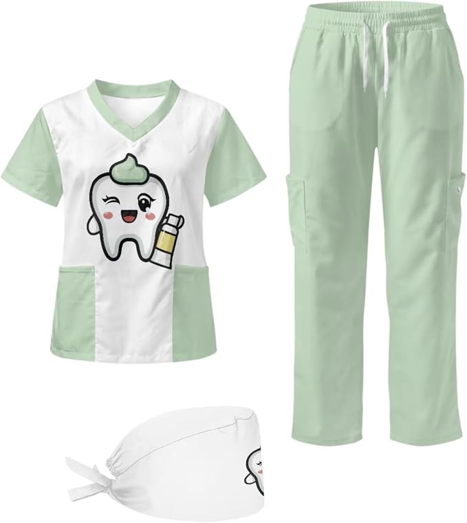 Gomyblomy Women's Scrubs Suit 3-Piece Set | Teeth Print V-Neck Top & Pants & Cap, Breathable and Stretch Fabric, S-5XL