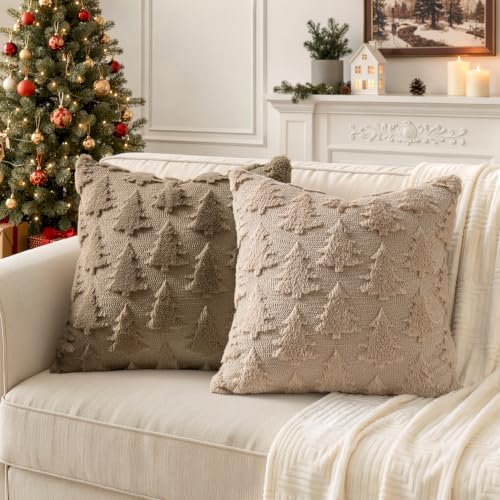 MIULEE Christmas Throw Pillow Covers Light Brown Christmas Decorations Set of 2 Xmas Tree 18x18 Pillow Covers Soft Plush Faux Wool Pillowcases Holiday Festivals Winter Home Decor Sofa Couch Bed Porch